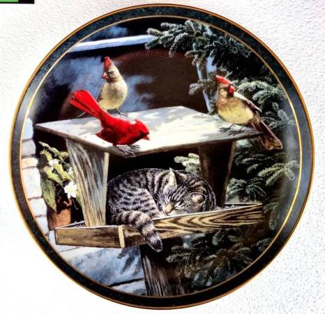 Tabby Cat Bird Feeder & Cardinals Plate 1