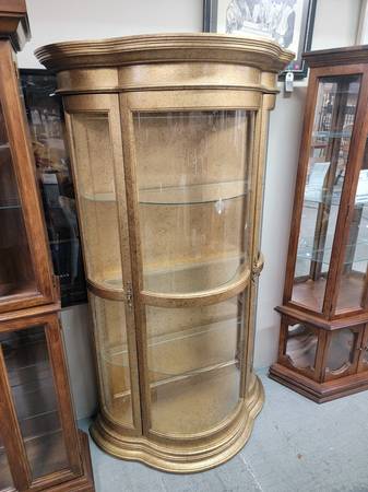 Gold Curved Glass Front Wood Display Curio Cabinet #482-7 1