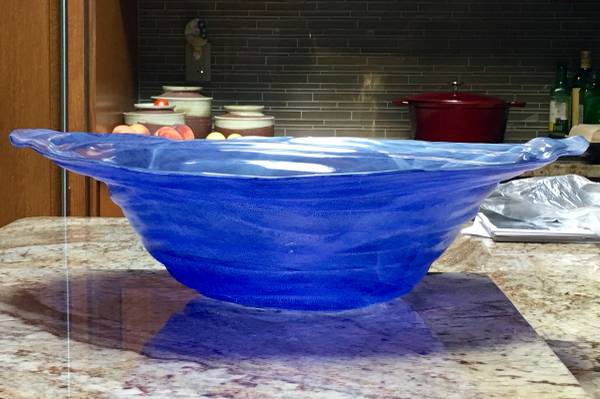 Large art-glass bowl, cobalt blue w/ white swirls, 20" diameter 1