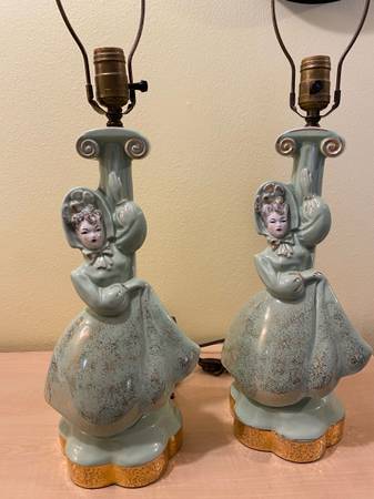 Vintage Ceramic Lady Figurine Table Lamps – Matching Pair – Celadon Green & 1