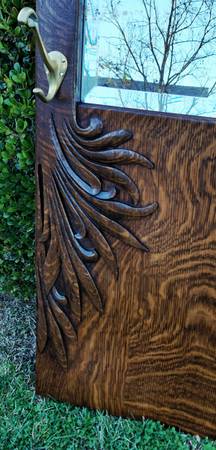 Rare! Hand carved tiger oak mirror w/ 4 brass art noveau  hooks 1