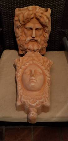 Pair of Large Early Vintage Clay Man & Woman Wall Pockets 1