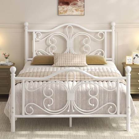 Full Size Bed Frame with Butterfly Pattern Design Headboard, White Modern Metal  1