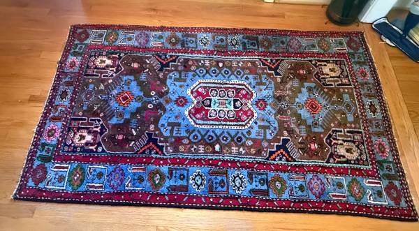Vintage Persian Tribal Wool Rug — Hand-Knotted, Triple Medallion, Blue & Red, 1