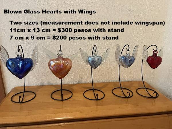 Hand Made Blown Glass Hearts with wings. Two sizes. With display base. 1