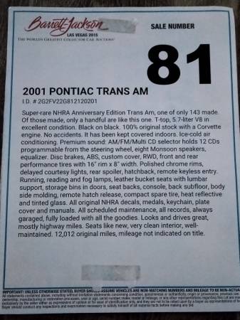 2001 NHRA Pontiac Trans Am - $17,999 (Hugo, Oklahoma)63436938962691123