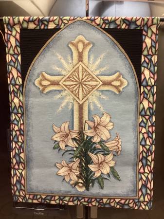 Vintage French Religious Floral Tapestry 1