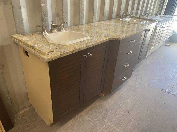 93.75"W Dark Brown UltraCraft Double Bathroom Vanity Granite Top Used 1