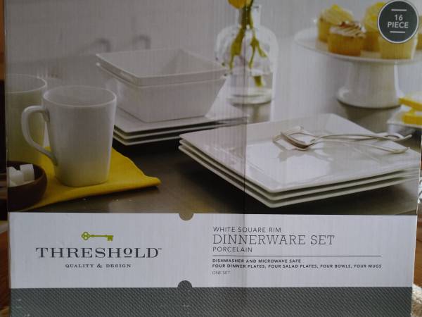 Brand new in box.!!! Threshold 16 piece white dinnerware set. 1