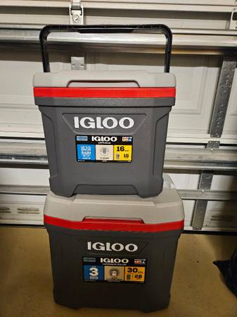 Cooler Set 2 Matching Coolers On Wheels By Igloo Gray Red White NEW 1