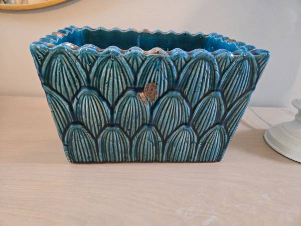 Teal Blue Rectangular Ceramic Planter 1