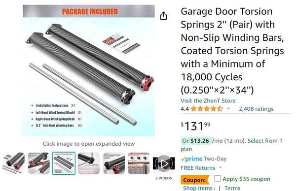 Garage Door Torsion Springs 2''  (0.250''×2''×34'') 1