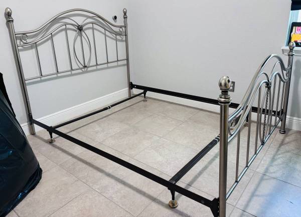 Queen Bed Frame with Silver Headboard and Footboard 1