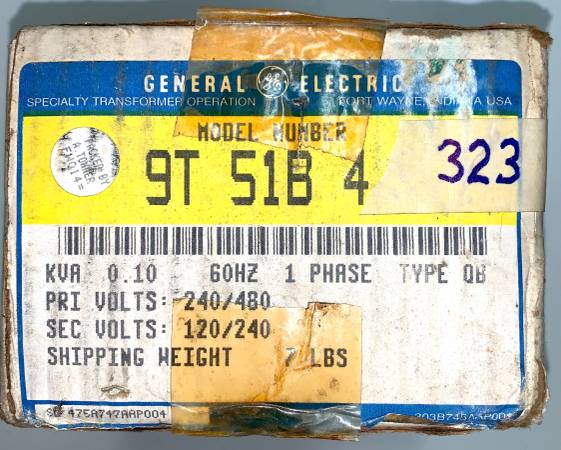 Transformer Pri 240/480 Sec 120/240 KVA 0.10 - G.E. 9T 51B 4 (NEW) 1