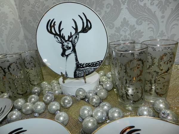 10pc Winterwonderland Deer Plates+MCM Highball Cocktail Glasses 1