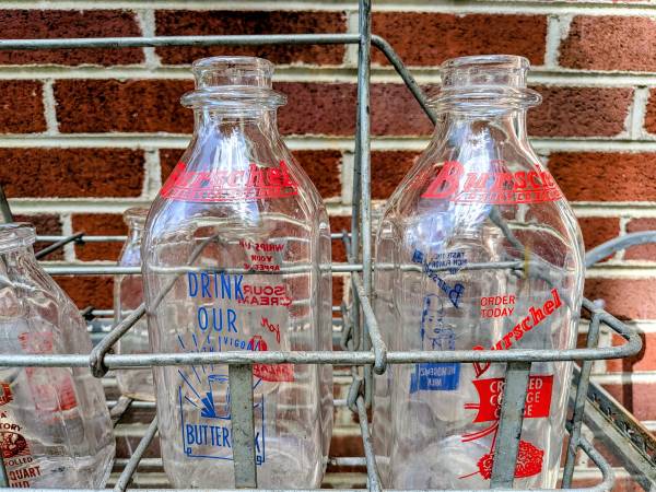 Vintage Glass Milk Bottles + Wire Carrier — Burschel Dairy & PET 1