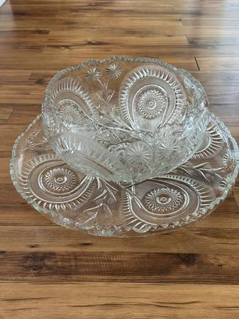 Cut Glass Antique Large Decorative Bowl and Tray 1