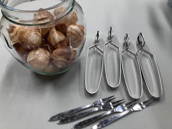Escargot shells, tongs, forks 1