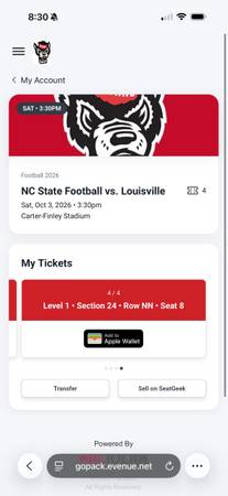 NC State Football vs. Louisville tickets 4 seats 1 parking pass 1