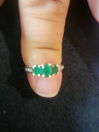 Three Stone Emerald and Diamond 10K Gold Ring 1