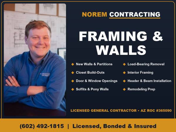 Licensed Contractor for Framing Walls, Carpentry, Rooms, Layout Change 1