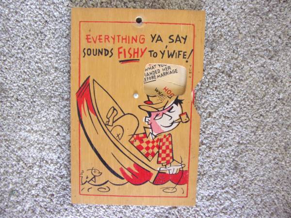 Vintage Everything Ya Say Sounds Fishy to Y Wife Turn Wheel Wood Sign 1