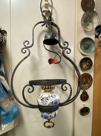 2 PC Large Original Antique Hand Forged Frame Hanging Electrician Pend 1