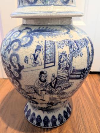 Japanese Satsuma Chinoiserie blue and white vase. 14 inches
