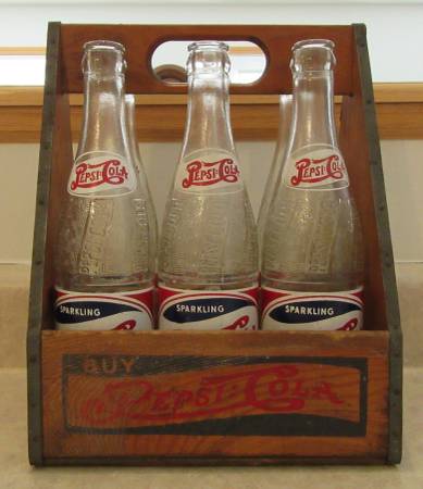 Pepsi Cola wooden six pack with 6 Bloomington bottles 1