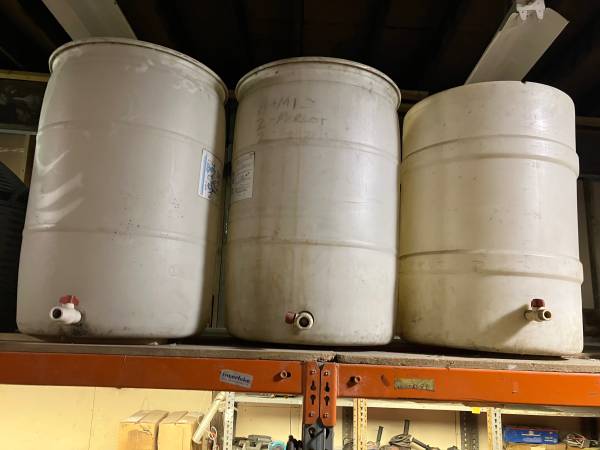 (3) 55 gallon wine making equipment barrels with spigot 1