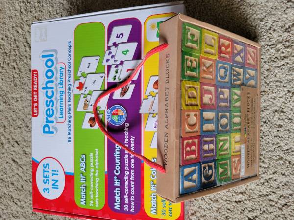 3 Preschool boxed puzzles abc's, counting, colors  with wooden ABC blocks 1