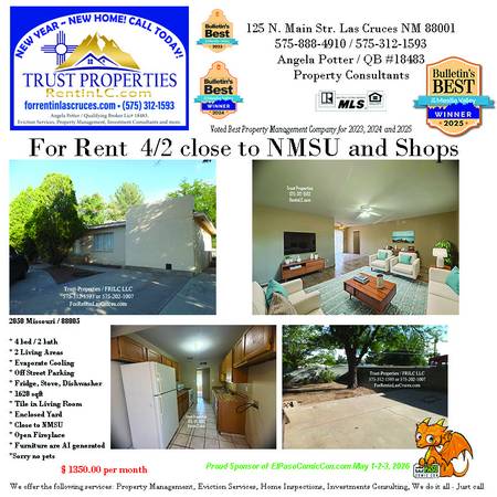 $1,295 / 4br - 1620ft2 - Amplio 4/2 con 2 áreas de estar cerca de tiendas y NMSU (en Missouri)63861850639105120