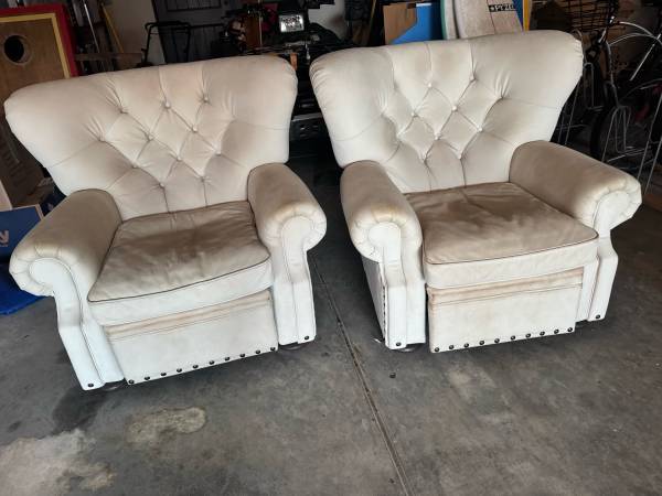 Restoration Hardware ivory leather tufted recliner chairs set of 2, nailhead win 1