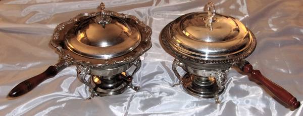 Ornate Antique Pair  Poole Silver Co. Chafing /Banquet /Serving Dishes 1