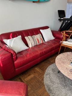 Red Leather Coach & Matching Chair 1