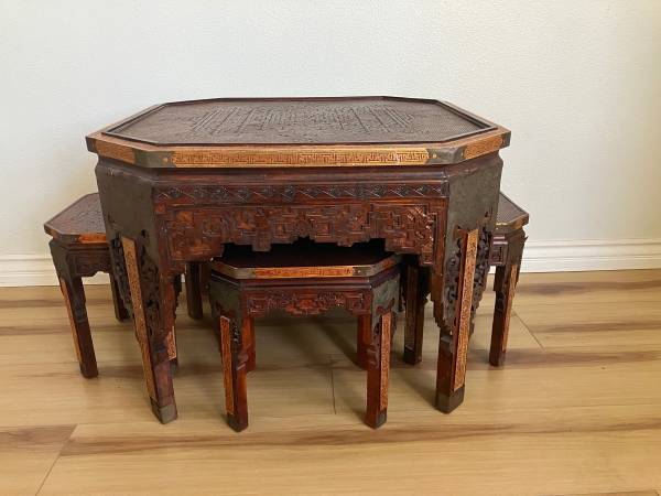 Vintage Chinese Octagonal Tea Table with Four Matching Stools 1