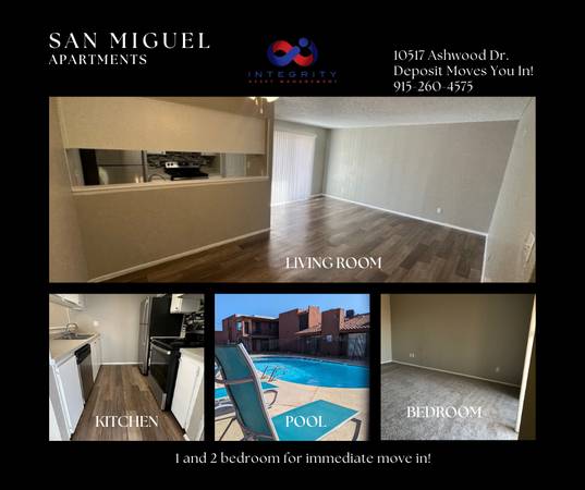 $1 / 1br - DEPOSIT MOVES YOU IN TODAY!! (San Miguel Apts - East El Paso)63971415115650120