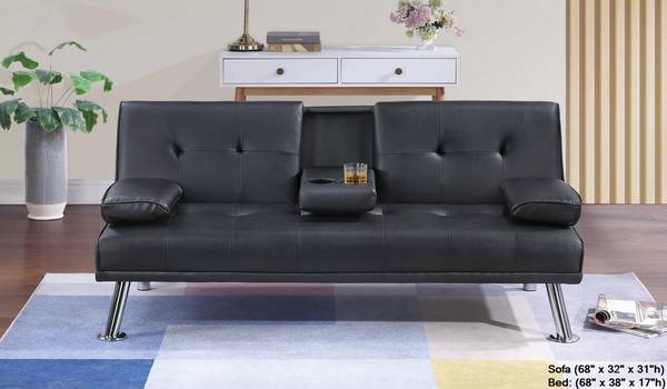 Black Leather Futon w/Cup Holders 1