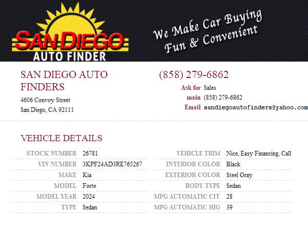 2024 Kia Forte Nice, Easy Financing, Call 858 279 6862 SKU:26781 Kia F 1