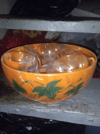 Mid Century Iridescent Peach Lusterware Punch Bowl and Cups 1