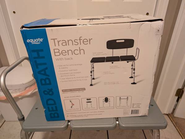 Equate Transfer Bench with Back Rest, Shower Bench, Black 1