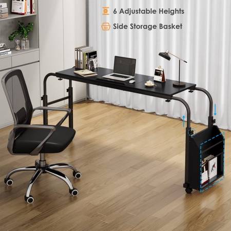 Bar Table Overbed Table with Wheels, Adjustable Height/Width, Rolling Laptop Car 1