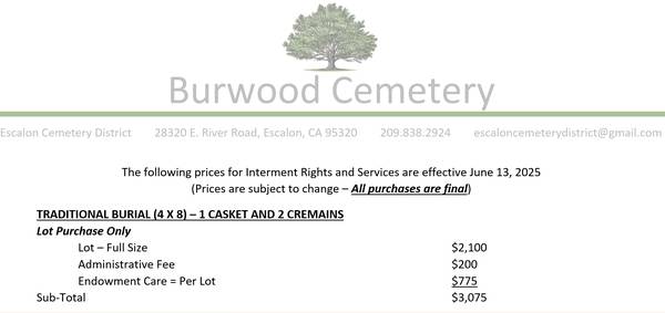 2 Burial Plots – Escalon CA – Includes $2,000 Cemetery Fee Credit 1