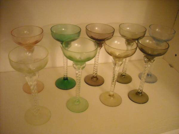 Vintage Crystal, Twisted Stem, Colorful Cordial Glasses - Lot of 9 1