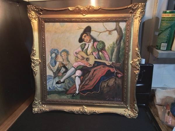 Framed Original Painting – Romantic European Genre Scene Signed by Anu 1