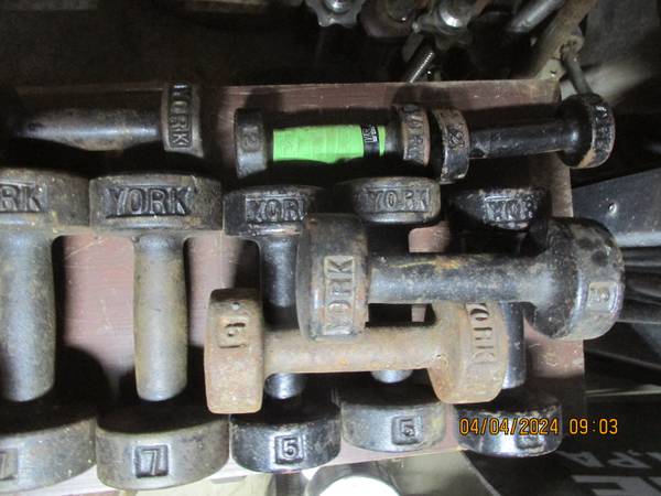 Weight lifting dumbbells, bars, plates 1