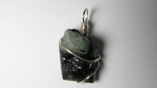Emerald Crystal in Matrix Pendant, 925 plate wire wrap 1