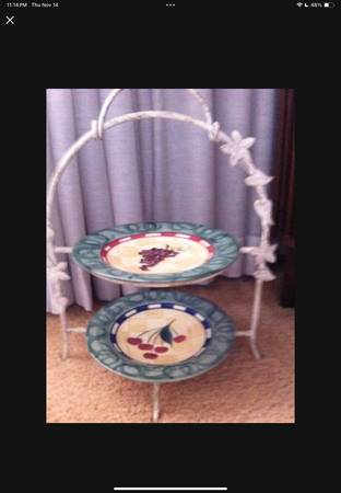 two tier plate rack with hand painted plates-LIKE NEW 1