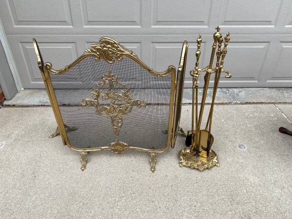 Solid Brass Victorian Fireplace Screen and Tool Set 1