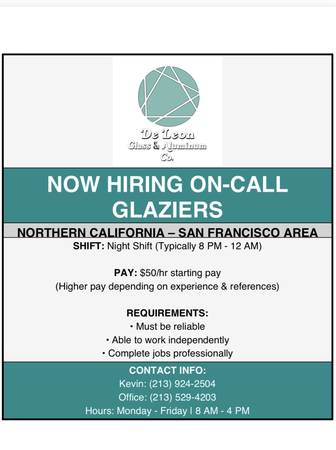 LOOKING FOR A GLAZIER THAT WANTS TO WORK NIGHT TIME (San Francisco)63909866185219120